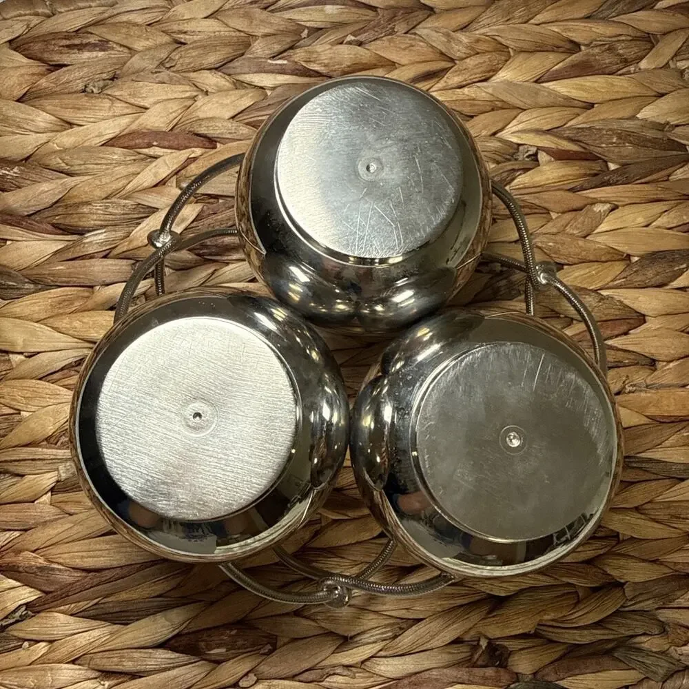 Vtg Set 3 Silver Tone Metal Bud Vases Rigid Intertwined Rope Handles MCM Decor